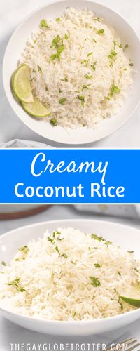 This coconut rice recipe uses jasmine rice, coconut milk, and chicken broth for the perfect fluffy side dish for everything from curries to stews! #gayglobetrotter #rice #coconut #coconutrice #jasminerice #coconutmilkrice