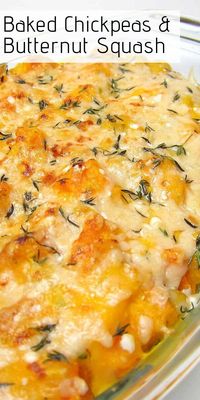 Baked Chickpeas and Butternut Squash Casserole - perfect comfort food Fall recipe. Great as a side dish or as a vegetarian main course when served over rice. Perfect for Thanksgiving. Naturally gluten free. #thanksgivingrecipes #chickpeasrecipes #butternutsquashrecipes #vegetarianthanksgiving #comfortfood