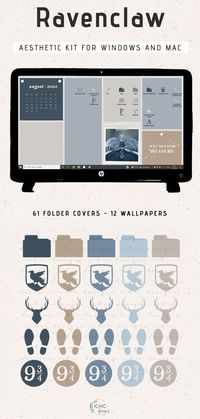 Want a magical new desktop aesthetic? In this Ravenclaw Harry Potter themed kit 𝘆𝗼𝘂 𝗴𝗲𝘁 𝟭𝟮 𝘄𝗮𝗹𝗹𝗽𝗮𝗽𝗲𝗿𝘀 𝗮𝗻𝗱 𝟲𝟭 𝗳𝗼𝗹𝗱𝗲𝗿 𝗶𝗰𝗼𝗻𝘀!! 𝗖𝗮𝗻 𝗯𝗲 𝘂𝘀𝗲𝗱 𝗳𝗼𝗿 𝘄𝗶𝗻𝗱𝗼𝘄𝘀 𝗮𝗻𝗱 𝗺𝗮𝗰𝗢𝗦. Click HERE to buy! | desktop wallpaper organizer | desktop wallpaper organizer aesthetic | desktop wallpaper organizer for windows | harry potter desktop organizer | macbook desktop organizer | desktop organizer wallpaper blue | ravenclaw desktop wallpaper
