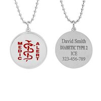 Classic round pendants are easily identifiable tools for medical alert information. This model features a 1.25 inch diameter pendant with the caduceus symbol in front, and the pertinent medical information engraved at the back for emergency purposes. It comes with a 24 inch bead chain that is adjustable. Free engraving up to 5 lines with 20 characters per line