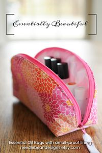 Essential oil storage case designed to be beautiful and practical. This bag stands upright and also opens flat and is lined with a lovely laminated cotton which protects your purse from leaks and spills. #essentialoil #essentialoilbag #chronicpain #needlebean #toddlermom #healthymom #essentialoilaccessories