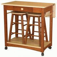 This kitchen helper features a drop leaf and bar stool storage. It's width is enlarged by 10 inches when the hefty drop leaf is locked up. Towel bars on both ends provide extra functionality and a stylish design accent. The Guest Server sits on four locking caster wheels so you can move it easily and keep it securely in place when positioned.