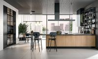 Slattedtan oak black thread | Urban lacquered brushed metal effect and black aluminum frame transparent glass | Lacquered brushed metal effect | Worktop: Unicolor laminate | Snack table: laminate | Groove and plinth: urban