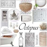 Octopus Bathroom #theseapearl #interiors #homedecor #bathroom #beachthemed #coastaldecor #octopusdecor #whitebathroom