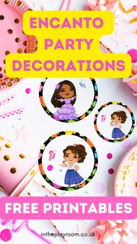 free printable encanto party decorations with bunting, banners, cupcake toppers and more for an encanto birthday party
