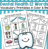 This is a concise page of 12 words and pictures (in both color and bw) related to the concept of dental health for preschool and Kindergarten children.This page can be used for vocabulary meanings, recognition and to encourage discussion about healthy teeth.Make up sentences using 2 or 3 of the word...