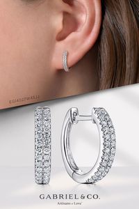 14K White Gold Diamond Huggie Earrings EG14027W45JJ #Gabriel Co #Gabriel Jewelry #Gabriel Engagement Ring #HuggieEarrings #WhiteGoldEarrings #DiamondEarrings #Earrings