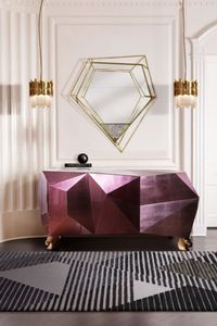 A modern entryway where geometric forms and shapes are all over the room, present in every detail. The Diamond Amethyst sideboard by Boca do Lobo brings some color into the entryway giving a unique touch and some light. With a geometric rug design, Air is the perfect carpet to complete the look by its simple pattern and straight lines.