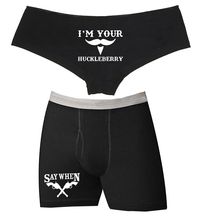 Great gifts for wedding showers, bridal showers, bachelorette parties and of course just married honeymoon gifts for couples. Includes his boxer brief with Say When from Doc Holiday and Im Your Huckleberry Boyshort panty for her. These match in black Pistols and mustaches