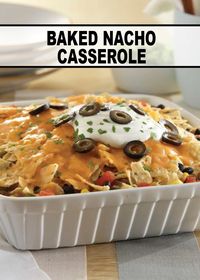 Enjoy the taste of fully loaded nachos layered and baked in this irresistible Baked Nacho Casserole recipe. It makes the perfect summer barbeque dish!