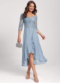 A-Line Off-the-Shoulder Asymmetrical Chiffon Lace Cocktail Dress With Sequins (016285488) - JJ's House