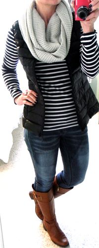 H&M blue and white striped top, BCBG gray knit infinity scarf (from Macy's), H&M black down puffer vest, distressed skinny jeans, Bandolino cognac boots