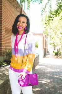 "Time for revisiting my resolutions!" Louisville blogger, What Nicole Wore, reviews her beginning of the year goals + shares an easy fall transition outfit. // look for less fashion blogger, easy everyday outfits, rebecca minkoff purse, purple outfit fall, baublebar for target earrings, affordable jewelry, white jeans fall