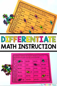 Differentiate math instruction for first grade and second grade students using roll and solve mathematics activities. Work on single digit and double digit addition and subtraction fact equations. Read more on theprimarybrain.com #math #firstgrade #differentiation