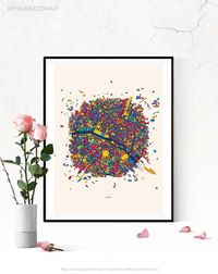 Paris France confetti map poster, Paris map, Paris wall art, Paris print, Paris decor, Paris city map