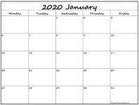 January 2020 Monday Calendar | Monday to Friday