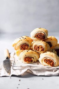 These bite sized sweet potato and chickpea vegan sausage rolls are flaky, flavoursome and perfect for the festive season.
