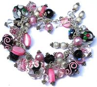 Beaded Chunky bracelet charm bracelet pink, black, lampwork, pearls Cha Cha bracelet Sterling Silver fringe bracelet