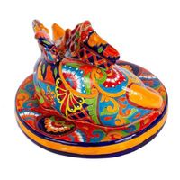 Orange Talavera-Style Ceramic Winged Cat Sculpture - Feline Angel | NOVICA