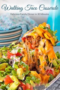 Walking Taco Casserole is cheesy, crunchy, savory, spicy and delicious! All your favorite taco flavors and textures in one scrumptiously easy Mexican hotdish! Get the easy recipe on the blog, today! #walkingtacos #tacos #tacotuesday #casserole #easyrecipes #fritopie #glendaembreeeats #dinnerideas #dinner #dinnertime #supper #groundbeef