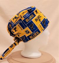 St Louis Blues Hockey Scrub Cap - Custom Orders - 2 sizes Available + 2 Different Fabrics - I offer ponytail-style, pixie-style, and eurostyle scrub caps. I can add a button to each side to hold the straps from a face mask. Made in the USA with 100% cotton fabric. Eurostyle scrub caps are adjustable with ties and elastic. Rim can be folded up or left unfolded for best fit. Choose from 3 different sizes of ponytail pouches if ordering a ponytail-style scrub cap.