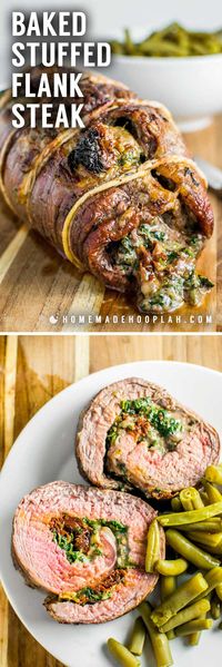 Baked Stuffed Flank Steak! Spice up your boring steak dinner by filling a fine cut of meat with spinach, mozzarella, and sun-dried tomatoes. It's easy to tailor to your tastes, too! | HomemadeHooplah.com