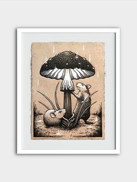 Linocut "Mice", cute fungi decorative print, children's room fairy tale illustration, fall mushroom bedroom poster, enchanted forest art Lino print "Mouses" on 30x40 cm handmade coffee tinted paper. Illustration ideal for every nature or forest lover. Fits perfectly in bedroom and children's room. Makes magical and cozy autumn atmosphere in every space. Graphic design carefully handprinted on 100% recycled homemade paper with deckled edges, coffee tinted, with additional fused coffee grounds.
