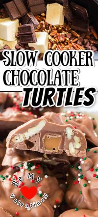Slow Cooker Chocolate Turtles are the easiest homemade candy! With only 5 ingredients & your trusted slow cooker, you'll love making this fun candy recipe! #RealHousemoms #slowcooker #crockpot #chocolate #nuts #rolos #turtles #dessert #christmas #candy