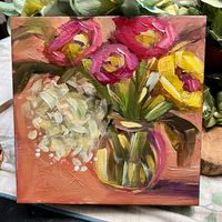 Original acrylic painting of whimsical florals on 8 x 8 x 1 1/2" gallery wrapped canvas. Sides trimmed in black and sealed with gloss varnish, picture wire ready to hang. Artist signature on side and back of artwork. Each art piece is photographed in natural light and can vary its colors throughout the day.