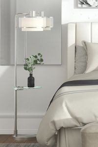 From lighting to furniture and home decor - we've got everything you need to decorate your home! Shop lamps and lighting for bedroom, living room, dining room, outdoor, and much more. | Find these products at Lamps Plus: Vogue Floor Lamp with Tray Table and USB Port - Style 55T71 | Trent Channel Tufted White Fabric Queen Hanging Headboard - Style 76P41