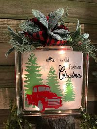 Old fashion Christmas -Lighted glass block - holiday lights - Red truck decoration - red truck -luminary - Christmas lights - light