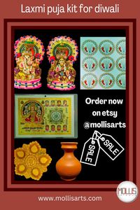 This Diwali Lakshmi Puja kit includes: Laxmi idol, lord Ganesha idol, Sri Yantra , Laxmi paduka, clay panch aarti diya( length 12cm) and small clay kalas(height 9 cm). Collect now from our etsy shop, sale is going on. Follow us for many more Indian art collectibles and Indian art stories and visit us on web.