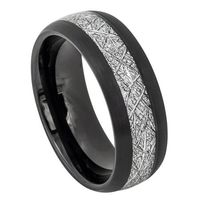 8mm Tungsten Carbide Black IP Plated with Imitation Meteorite Inlay This two-toned ring makes a unique and eye-catching wedding band. The ring is made with black IP plated tungsten carbide inlaid with faux meteorite in the middle. The result is a contrast in texture and color that presents a bold look. The ring’s interior is rounded for a more comfortable fit, perfect for everyday wear. Have it personalized for your loved one with an engraving on the inside of the band.