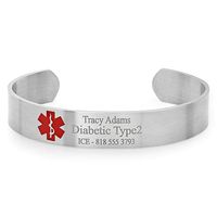 This stainless steel medical cuff bracelet comes in a unisex design. The band is .5 inches wide and will fit wrist sizes from 6.5 to 7.5 inches. The brush polished surface is just the right amount of shine for individuals who prefer low-key accessories. It has the medical alert symbol in red, and may be engraved on either the front or back.