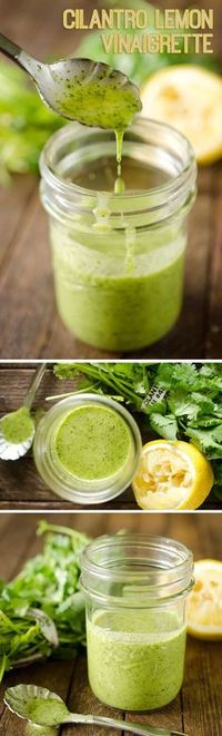 Cilantro Lemon Vinaigrette is a healthy homemade dressing with fresh cilantro, lemon juice, garlic, honey and champagne vinegar for a perfect salad dressing or fantastic marinade for meat.