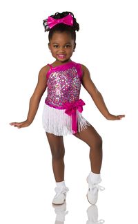 Lined Leotard With Attached Skirt: Multi-colored sequin mesh, flo-cerise foil, and flo-cerise spandex; Trim: White fringe, candy pink sequin, foil bow, and adjustable strap; Bow Headpiece Included;