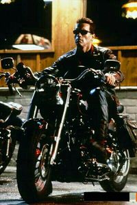Arnold Schwarzenegger on his Harley Davidson Fatboy Motorcycle in "Terminator 2 Judgment Day", 1991.
