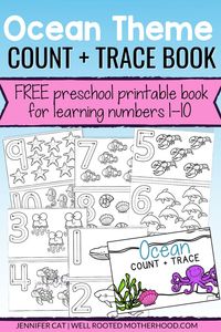Free Ocean Themed Count and Trace Printable Book. Ideal for summer learning for your preschool and kindergarten age kids. Little ones can trace the number, and count and color the underwater animals. Free Ocean Printables | Homeschool Ocean Study | Preschool Ocean Study | Summer Learning for Preschool | Summer Learning Activities | Free Printables | Free Homeschool Printables | Free Preschool Math Printables
