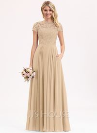 A-Line Scoop Floor-Length Chiffon Lace Bridesmaid Dress (007206482) - JJ's House