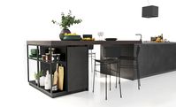 Base cabinets fronts: black steel lacquered oxidized metal effect | Tall cabinets fronts: anthracite aged oak and black aluminum frame smoked glass | Snack table: anthracite aged oak | Worktop: Fenix laminate | Groove and plinth: urban