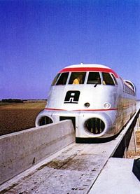 The Aérotrain was a Hovertrain developed in France from 1965 to 1977. The project was abandoned in 1977 due to lack of funding, the death of lead engineer Jean Bertin, and the adoption of TGV by the French government.
