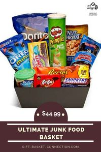 This basket, filled to the brim with America's most famous and favorite snacks, makes the perfect congratulations, birthday, thank you, and just because gift. The ultimate guilty pleasure basket! Please note: contents may vary. #gifts #gift #giftsforher #giftsforhim #giftshop #giftideas #handmade #love #giftshops #giftshopthailand #foodporn #food #foodie #foodstagram #instafood #foodphotography #foodgasm #foodlover #yummy #foodblogger