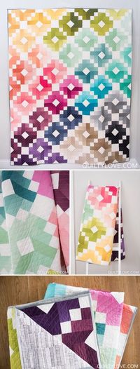 Ombre Gems quilt pattern by Emily of quiltylove.com. This bright and colorful modern quilt pattern uses ombre fabrics to create a visually stunning quilt using traditional piecing. Jelly roll friendly quilt pattern.