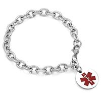 This medical ID bracelet features an 8 inch rolo chain and a round charm with the star of life and caduceus symbol on it. It is made of stainless steel which may be worn everyday without fading or tarnishing easily. Personal information may be engraved at the back of the charm for emergency reference.