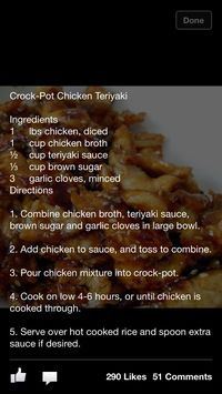 Crock-pot Chicken Teriyaki--While this recipe has good flavor, it looks NOTHING like this picture depicts. The sauce is quite runny and it doesn't glaze the chicken like it should. And while it's a very easy recipe, overall, I'd say I was fairly disappointed. 2 stars (out of five)