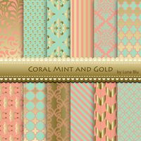 Coral Mint and Gold Digital Paper: Coral Mint and by Lunabludesign