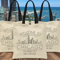 Custom tote bags available with names of 50+ cities at Joy & Chaos!