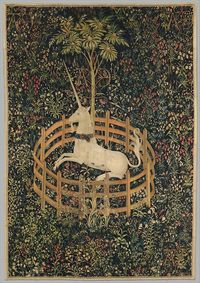 The Unicorn in Captivity (from The Unicorn Tapestries) 1495-1500 Metropolitan Museum of Art “The Unicorn in Captivity” may have been created as a single image rather than part of a series. In this instance, the unicorn probably represents the beloved tamed. He is tethered to a tree and constrained by a fence, but the chain is not secure and the fence is low enough to leap over: The unicorn could escape if he wished.