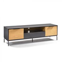 Meuble TV avec structure DM laqué noir mat. Façades plaqué chêne. Pieds et poignées en métal noir.