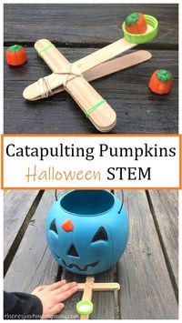 Kids love making craft stick catapults! This simple Halloween STEM activity becomes a simple Halloween game kids will love. #Halloweenforkids #STEMactivities #STEMchallenge